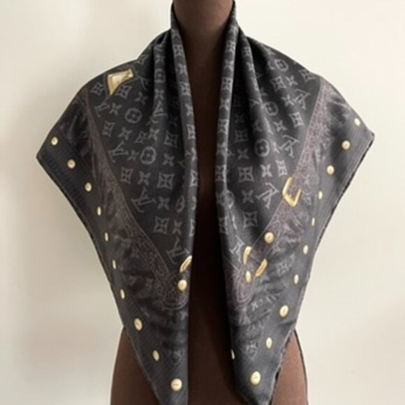 New Louis Vuitton Scarf Monogram Denim Blask Gray Square Silk Wrap - Picture 2 of 16